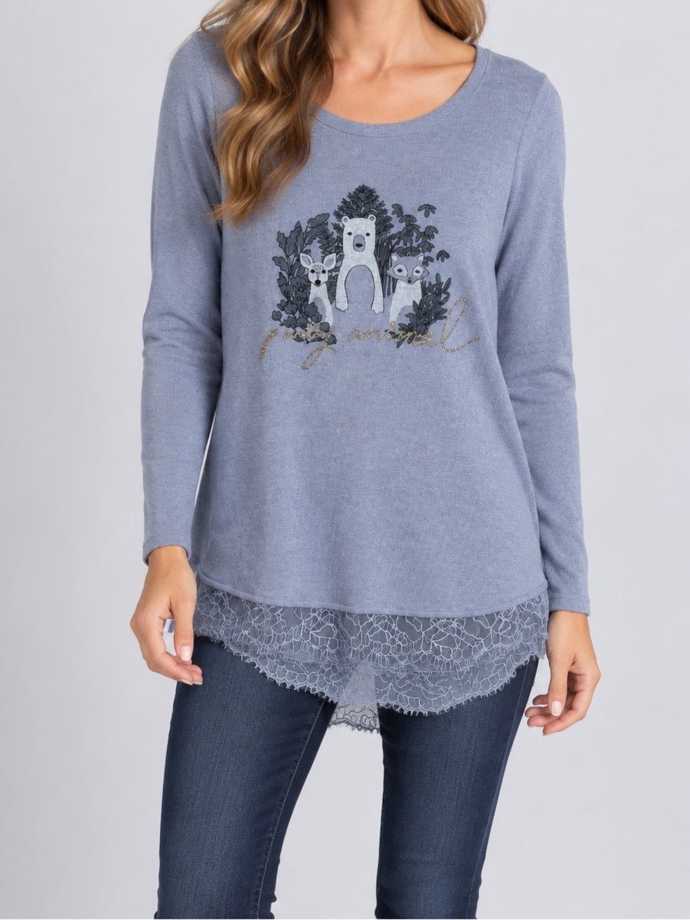 Lauren Conrad | Gray-Blue Lace-Hem Long Sleeve Top with Animal Graphic | Size M